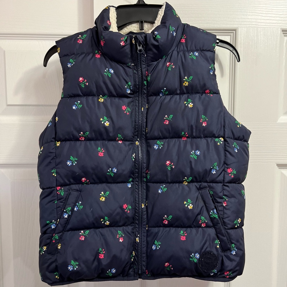 Gap Kids Navy Floral Puffer Sherpa Lined Girls Vest